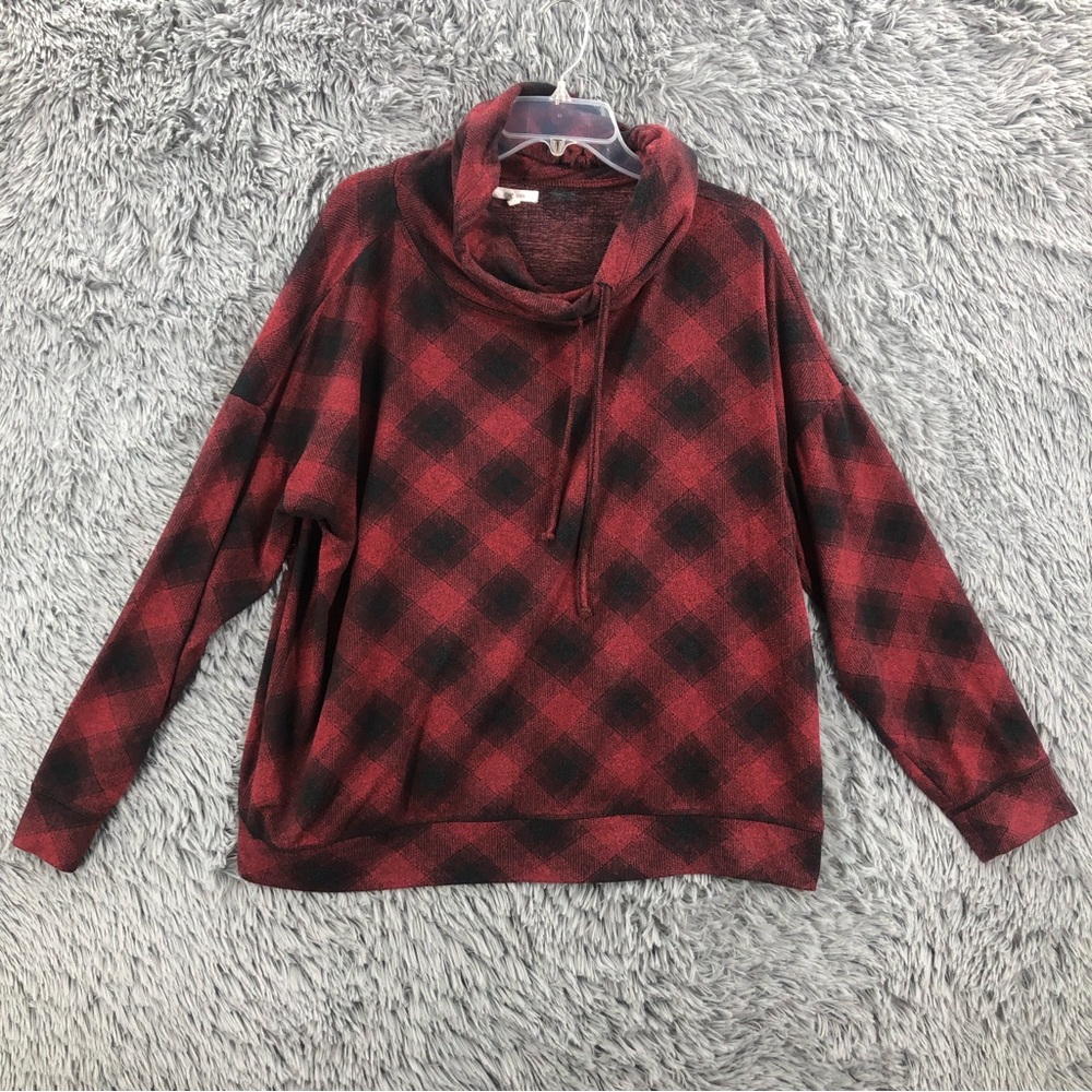 Maurices Hoodie Womens 1X Buffalo Plaid Cowl Neck Soft Cozy Red Black Top